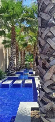 a swimming pool with palm trees and a stone wall at Deluxe Appartements in Cascadas Family Resort Sunny Beach in Sunny Beach