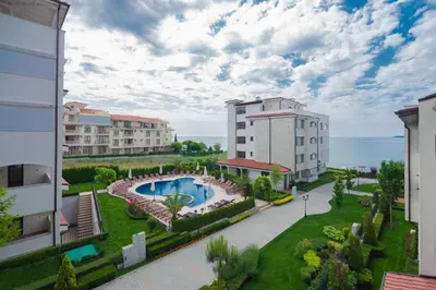 an aerial view of a resort with a swimming pool at Mia Cassa in Sveti Vlas