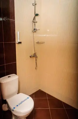 a bathroom with a toilet and a shower at Cantilena Complex in Sunny Beach