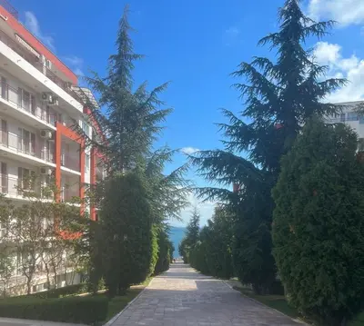 a street between two buildings with trees on the side at Fort Noks - Marina View in Sveti Vlas