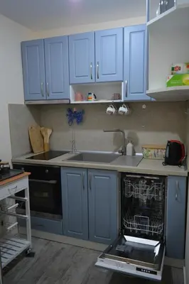 a kitchen with blue cabinets and a sink and a dishwasher at City Center Apartment with a Backyard in Burgas City