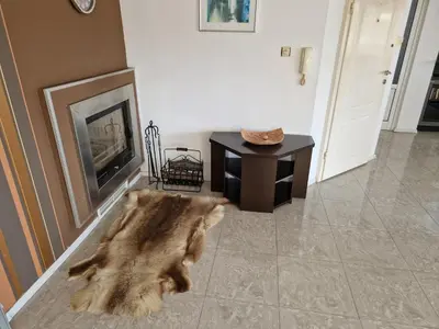 a living room with a fur rug next to a fireplace at Comfort Flat in Burgas City