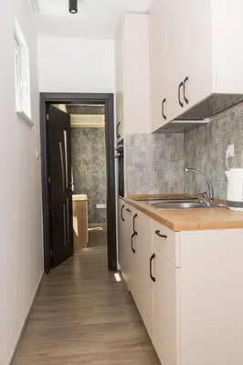 a kitchen with a sink and a counter top at Alagen Apartments Burgas in Burgas City
