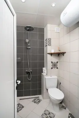 a bathroom with a shower and a toilet in it at Boutique Blue Apartment in Sveti Vlas