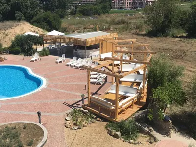 an aerial view of a resort with a swimming pool at Bułgaria na lato apartament z widokiem na morze Sozopol in Sozopol