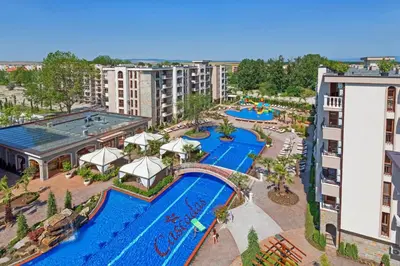 an aerial view of a pool at a resort at Cascadas Family Resort in Sunny Beach