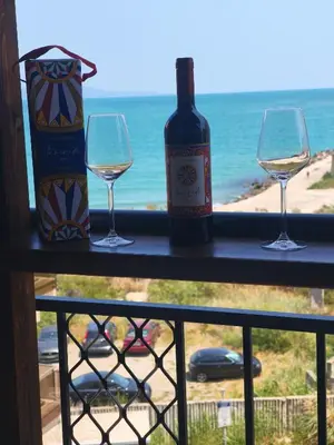 a bottle of wine and two glasses on a balcony at Apartament Piero in Pomorie