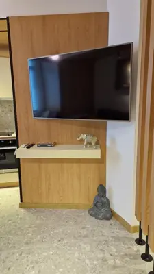 a cat sitting on a shelf under a tv at FS Apartments - Family apartment in the top center of Varna in Varna City