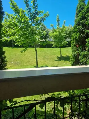 a window with a view of a field of trees at Prestige Fort Beach apartment, Studio in Sveti Vlas
