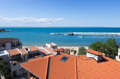 a view of the beach from the roof of a building at Vromos Guest House in Chernomorets