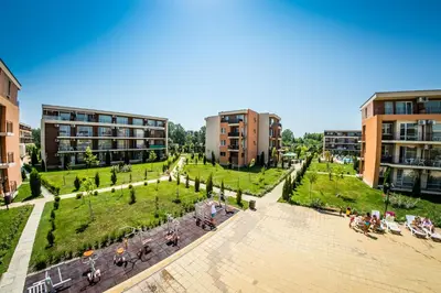 an aerial view of a campus with buildings at Waterpark Fort Apartments in Sunny Beach