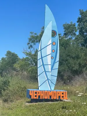 a large surfboard sign with a surfboard on it at Casa Del Mare in Chernomorets