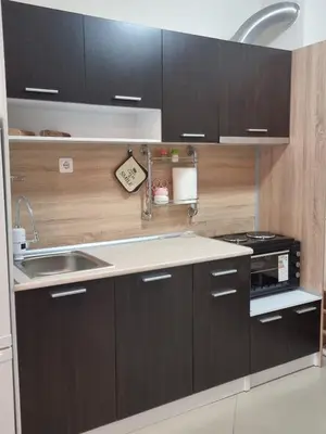 a kitchen with dark wood cabinets and a sink at Domus Extra Apartment in Sveti Vlas
