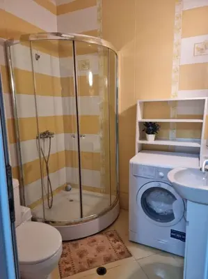 a bathroom with a shower and a washing machine at Domus Extra Apartment in Sveti Vlas