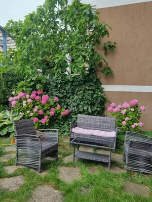 two chairs and a bench in a yard with flowers at Domus Extra Apartment in Sveti Vlas