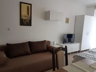 a living room with a brown couch and a tv at Apartament Iglika in Primorsko