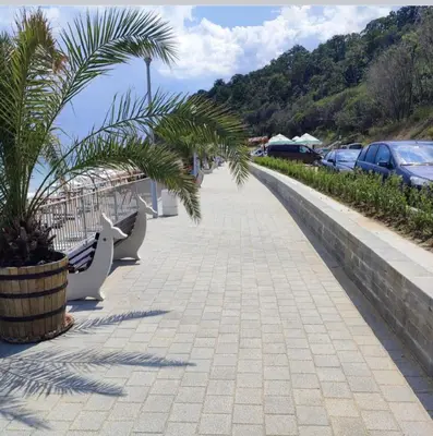 a sidewalk with benches and a palm tree on it at Villa Sea House in Byala