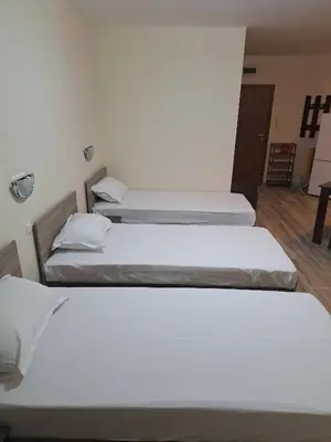 two beds in a room with white walls and wooden floors at LaRaMi Studio in Sveti Vlas