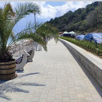 a sidewalk with benches and a palm tree on it at Villa Sea House 2 in Byala