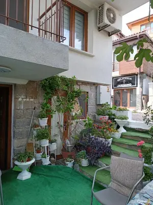 a building with a bunch of potted plants at Farlalievi Guest House in Sozopol