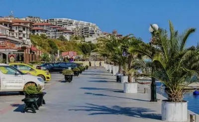 a street with palm trees and cars and a city at Apartment Marina Dinevi View in Sveti Vlas