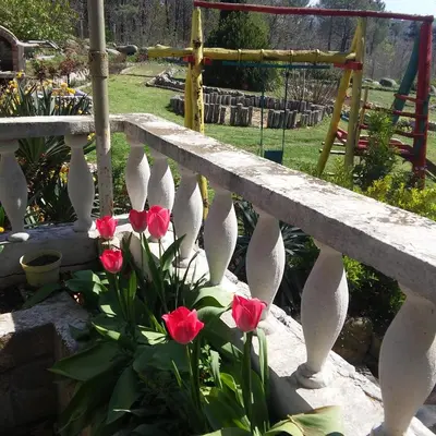a bunch of pink flowers in front of a fence at Hotel Gamartata in Duni