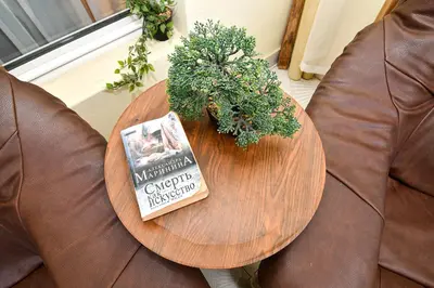 a table with a book and a plant on a couch at Central Paradise - free parking in Varna City