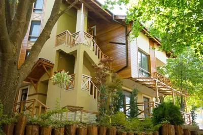 a house with wooden balconies and a tree at Holiday Village Lozenets in Lozenets