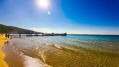 a beach with a pier in the water at William's apartments - sixth large apartment in Sveti Vlas