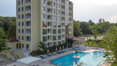 an aerial view of a hotel with a swimming pool at Perla Royal Hotel - All Inclusive in Primorsko