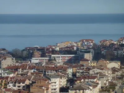 a view of a city with houses and buildings at Plovdiv Hotel in Primorsko
