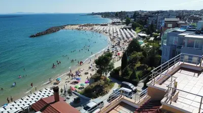 a view of a beach with a crowd of people at Elizabeth Beach Apartments in Nesebar