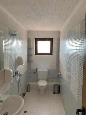 a bathroom with a toilet and a sink and a window at Elizabeth Beach Apartments in Nesebar
