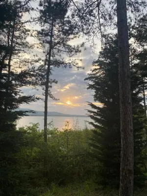 a sunset over the water through the trees at AJ Apartment 2, Santa Marina Holiday Village, Sozopol in Sozopol