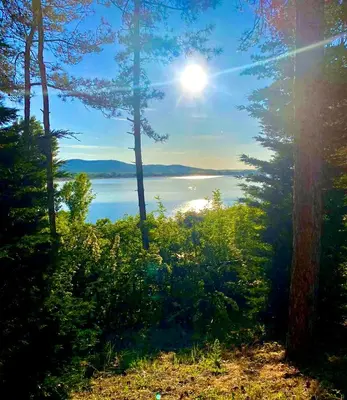 a view of a lake through the trees at AJ Apartment 2, Santa Marina Holiday Village, Sozopol in Sozopol