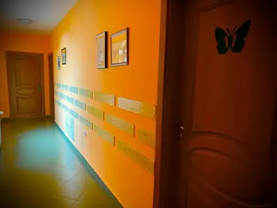 a hallway with an orange wall with butterflies on it at Guest House PETRA- Medovo, Sunny beach in Razvalini Balchikioy