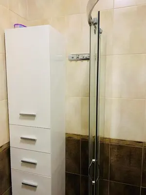a bathroom with a shower and a white cabinet at Kiwi Gardens in Byala