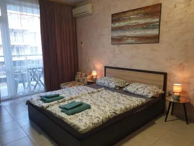 a bedroom with two beds with pillows on them at Cozy apartment by Julie in Sunny Beach