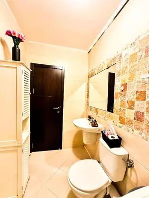a bathroom with a toilet and a sink and a mirror at Студио Каскадас М5 in Sunny Beach