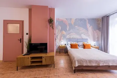 a bedroom with a large bed and a tv at The Cozy Hub, Varna in Varna City