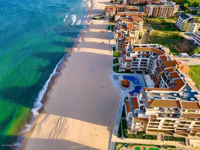 an aerial view of a beach and the ocean at Apartments Obzor Beach B - Апартаменти Обзор Бийч B in Obzor