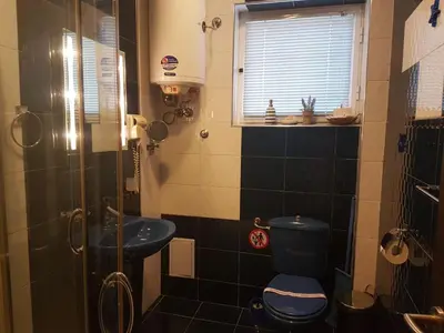 a bathroom with a blue toilet and a sink at Aheloy Apartments in Aheloy