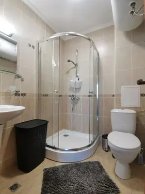 a bathroom with a shower and a toilet and a sink at Three-room apartment in Sveti Vlas
