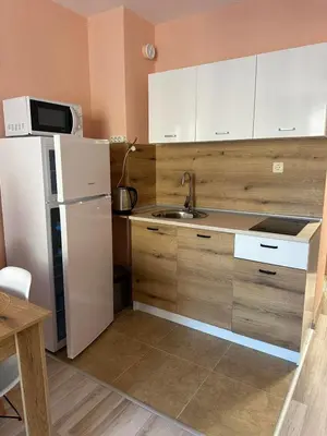 a kitchen with a white refrigerator and a sink at Studio Sveti Vlas SEA BREEZE 3 in Sveti Vlas