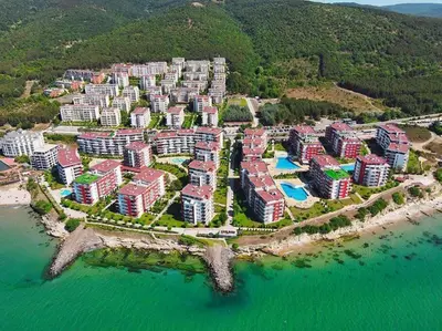 an aerial view of a resort on the beach at Studio Robinson Beach Sea Nessebar View in Sveti Vlas