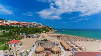 an aerial view of a beach with umbrellas and the ocean at HORIZON 1 'A' APARTMENT Sveti Vlas in Sveti Vlas
