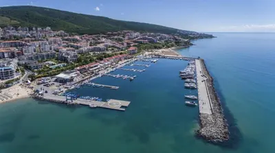 an aerial view of a harbor with boats in the water at HORIZON 1 'A' APARTMENT Sveti Vlas in Sveti Vlas