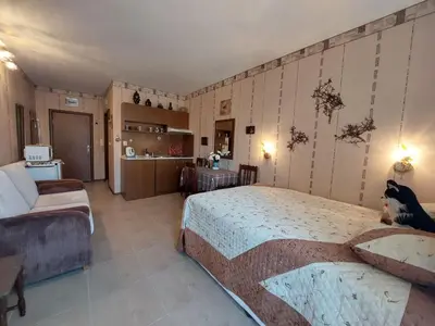 a bedroom with a large bed and a couch at Студия в центре Солнечного берега in Sunny Beach