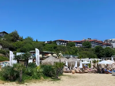 a beach with a bunch of umbrellas and chairs at HORIZON 11 'Б' Studio Sveti Vlas in Sveti Vlas