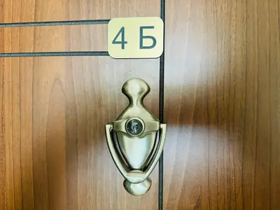 a door knocker on a wooden door with the number four at HORIZON 4 'Б' Apartment Sveti Vlas in Sveti Vlas